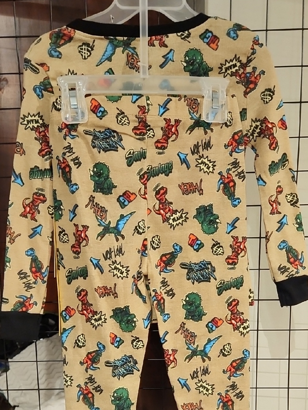 Kids Pajamas - 2pc. Beige Dino Print Long Sleeve Pajama Set - Picture 5 of 7